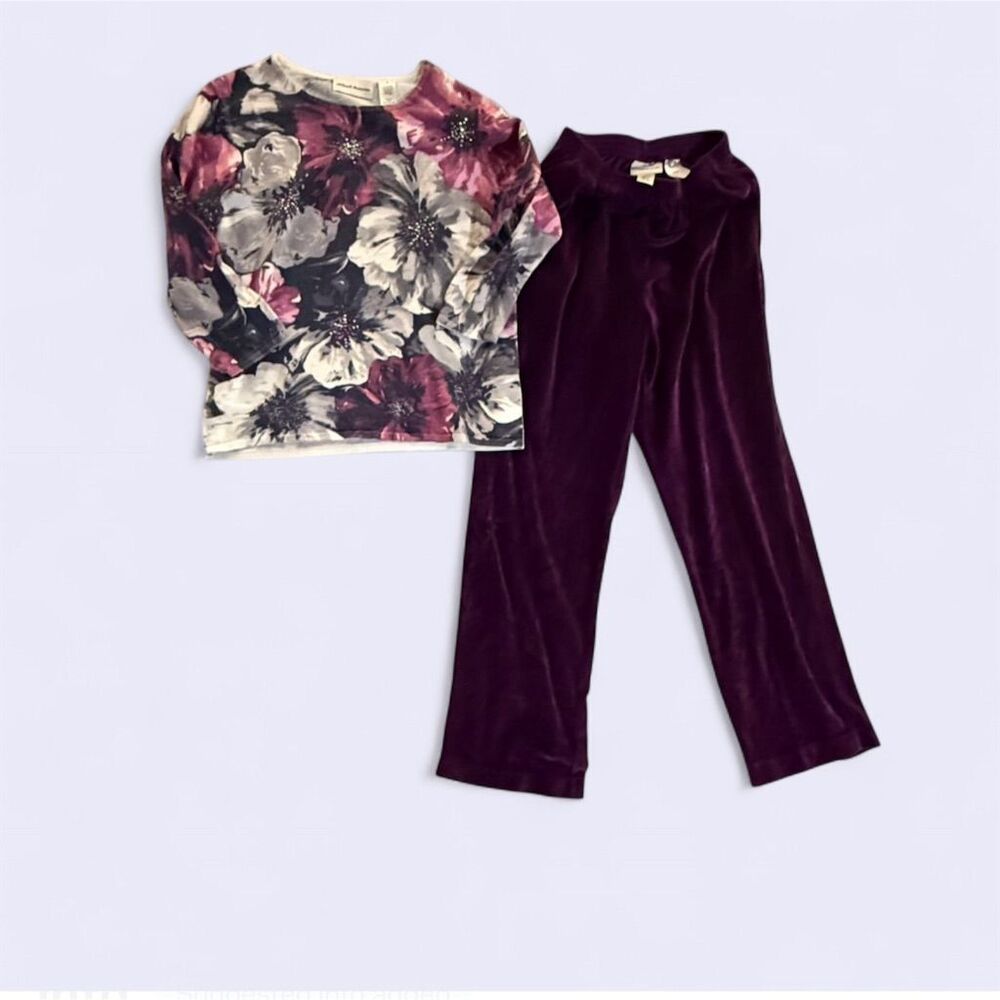 Alfred Dunner Women's Floral Top & Velvet Pants Set Purple Size S